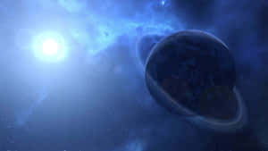 一顆帶有光環的藍色行星，在星光燦爛的宇宙場景中繞著一顆明亮的恆星運行。 — 太空美學動圖 壁紙