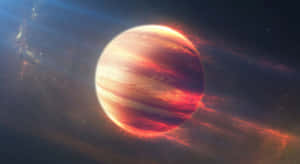 一顆帶有旋轉雲層的熾熱紅橙色氣體巨星行星，處於星光燦爛的宇宙場景中。 — Studio Display 壁紙