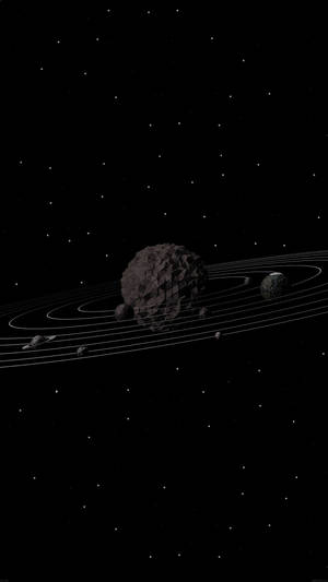 一顆帶有環的黑暗小行星在星場中運行。 — 太空 iPhone 壁紙