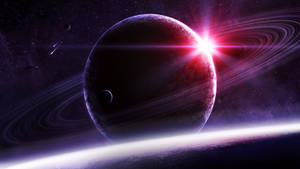 一顆帶有發光環的黑暗行星，在深空中繞著一顆明亮的紅色恆星運行。 — 紅色圓圈 壁紙
