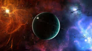 一顆帶有環的黑暗行星被色彩繽紛的宇宙雲和星星環繞。 — 1920x1080 壁紙