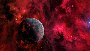 一顆在充滿星星的紅色星雲中帶有紅色標記的黑暗行星。 — 宇宙 壁紙
