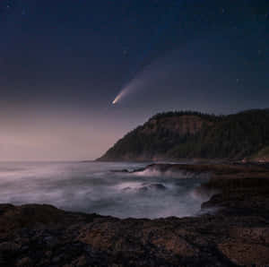 彗星劃過繁星點點的夜空，籠罩在霧氣中的海洋和樹木繁茂的懸崖之上。 — iPad Pro 11 壁紙
