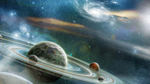 一顆擁有綠色大陸的環狀行星漂浮在色彩繽紛的宇宙星雲中。 — 宇宙 壁紙