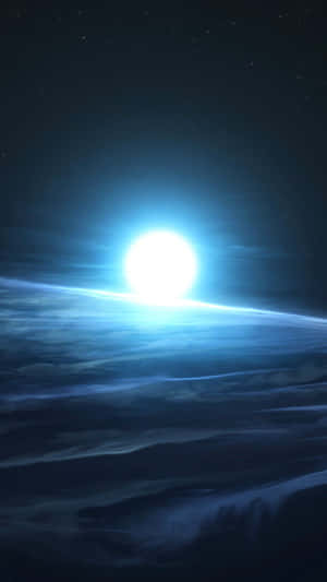 外星行星，藍色太陽從海洋上升起，星空背景 — 三星Galaxy 壁紙