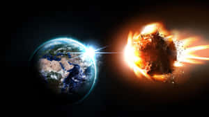 小行星在太空中與地球相撞，產生熾熱爆炸和發光碎片。 — 昏暗 壁紙