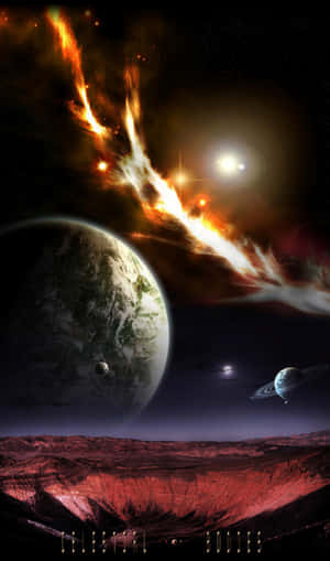 熾熱的彗星在星空下經過一個綠色星球，上方是紅色的外星峽谷。 — Galaxy Tab A 壁紙