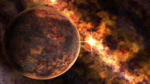 一顆發光的行星繞著一顆明亮的恆星運行，周圍環繞著熾熱的星雲雲團。 — 美麗的夜晚 壁紙
