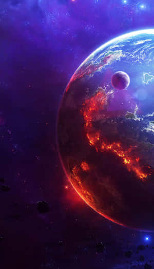 紫色星雲中帶有熔岩流的熾熱行星，伴隨小行星和一顆小衛星。 — 美學天空 壁紙