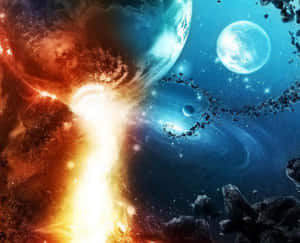 一顆熾熱行星在太空中爆炸，附近有小行星和發光的衛星。 — 史詩 壁紙