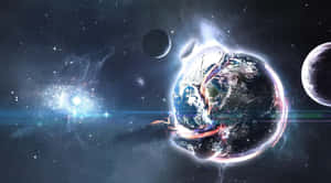 地球散發宇宙光芒，被行星和星星環繞 — 背景 壁紙