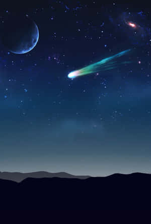 一顆彗星劃過繁星點點的夜空，下方是山脈輪廓，藍色行星和星系。 — 月落 壁紙
