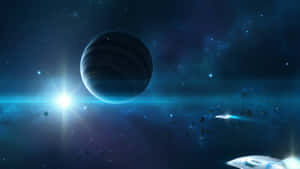 太空船飛過一顆條紋氣體巨星，靠近星場中的一顆明亮星星。 — 宇宙 壁紙
