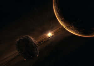一顆發光的星星在新月形行星和一顆大型小行星後面閃耀。 — 最佳黑暗 壁紙