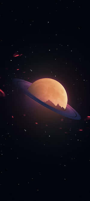 一顆發光的橙色行星，帶有環系統，漂浮在充滿紅色粒子的星空宇宙中。 — 三星 壁紙