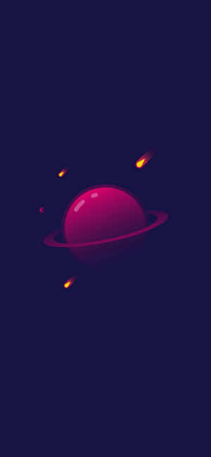 一顆發光的洋紅色行星帶有環，被深空中劃過的流星環繞。 — 1170x2532 壁紙