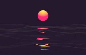 夜晚，一顆發光的太陽反射在黑暗的網格景觀上。 — 合成波 壁紙