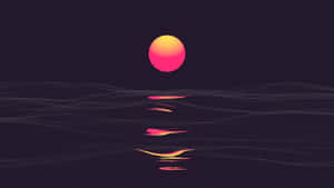 一顆發光的太陽反射在帶有幾何波浪的黑暗線框景觀上。 — 螢幕保護 壁紙