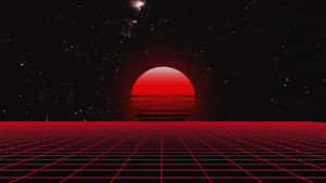 紅色網格地板延伸至星空夜空中落下的紅色太陽。 — 蒸氣波 壁紙