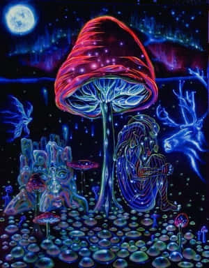 滿月下發光的紅色蘑菇，伴隨藍色鹿和魔法森林地面。 — 蘑菇美學 壁紙