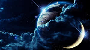 在繁星點點的夜空下，地球穿過宇宙雲層發光，帶有鏡頭光暈。 — 宇宙 壁紙