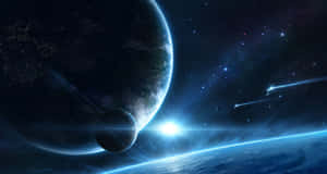 一顆藍色太陽在行星上升起，伴隨著月亮和流星在夜空中。 — 宇宙 壁紙