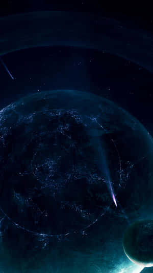 一顆帶有城市燈光和彗星的藍色星球。 — 黑暗自然 壁紙