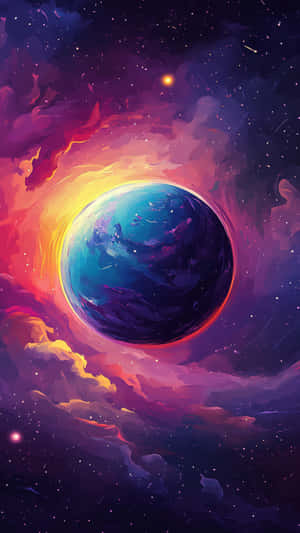 一顆藍色行星在色彩繽紛的宇宙星雲中發光，伴有星星和旋轉的雲 — 霓虹 壁紙