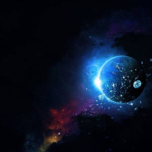 一顆藍色行星帶有明亮的太陽光暈，被色彩繽紛的宇宙雲環繞。