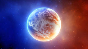 一顆發光的行星，在星空宇宙背景中帶有旋轉的雲朵。 — 火焰與冰 壁紙