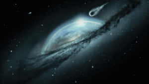 一顆行星圍繞著一個螺旋星系運行，一顆彗星在佈滿星辰的虛空中飛過。 — 太空美學動圖 壁紙