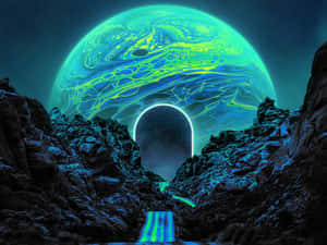 一顆發光的行星籠罩在峽谷之上，有一個發光的拱門通往星光虛空。 — 太空美學動圖 壁紙