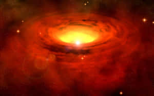 一顆明亮的恆星被旋轉的紅色星雲包圍，伴有遙遠的恆星和鏡頭光暈。 — 宇宙 壁紙
