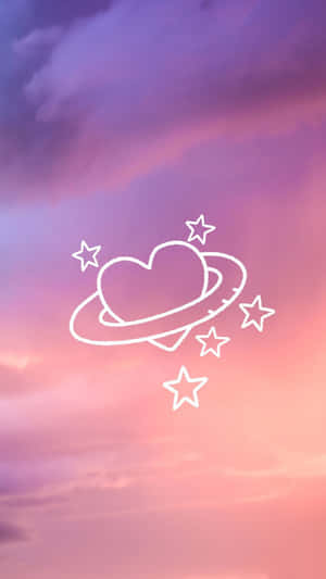 粉紫色天空中的心形行星，帶有光環和星星 — 酷女孩 壁紙