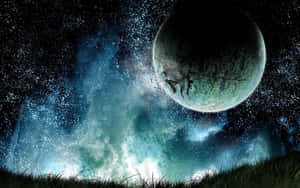 在藍綠色星雲中，一顆破裂的外星行星下的草地。 — 酷炫太空 壁紙
