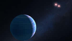 藍色條紋氣體巨行星與深空中的兩顆紅色恆星。 — 星際效應 壁紙