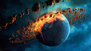 行星被熾熱的小行星吞噬，背景是星辰宇宙。 — 背景 壁紙