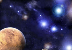 一顆巨大的橙色行星，在佈滿星星的空間中，有發光的藍色星雲和明亮的恆星。 — 美學天空 壁紙