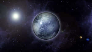 一顆帶有旋轉雲層的藍色行星在星空宇宙場景中繞著一顆明亮的恆星運行。 — 迪士尼 布魯托 壁紙