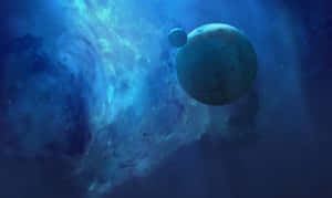 一顆藍色行星和月球漂浮在發光的宇宙星雲中，伴隨著星星。 — 宇宙 壁紙