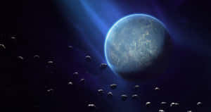 藍色行星被小行星環繞，處於滿是星辰的宇宙場景中。 — 星際效應 壁紙
