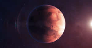 在星光燦爛的太空場景中，明亮的太陽照亮了紅色行星火星。 — 火星 壁紙