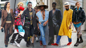 七位時尚男士穿著鮮豔的街頭服飾走在城市街道上。 — 獨特 壁紙