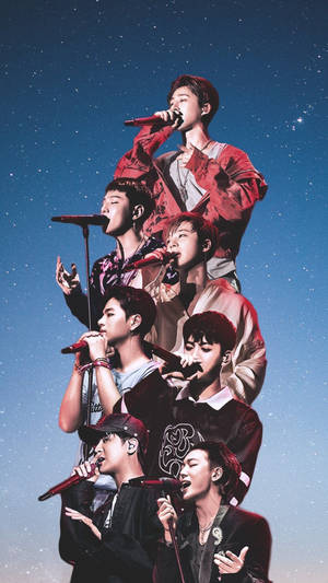 七位K-pop歌手在星空下舞台上表演。 — 高中音樂劇 壁紙