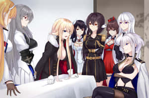 七位身穿軍裝和奇幻服裝的動漫女孩圍坐在桌子旁。 — 碧藍航線 壁紙