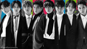 七位身穿時尚黑白西裝的男士，在色彩繽紛的背景前擺姿勢。 — Super Junior 壁紙