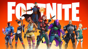 七個《Fortnite》遊戲角色身穿色彩繽紛的服裝，在橙色背景前擺姿勢。 — 要塞英雄 iPad 壁紙