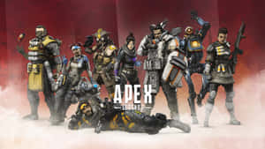 七個Apex Legends角色穿著戰鬥裝備，在煙霧繚繞的紅色背景上英勇擺姿勢。 — 機場 壁紙