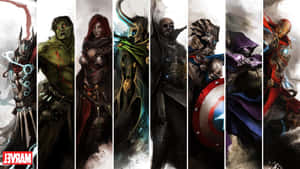 Marvel角色以動態姿勢呈現，背景風暴洶湧。 — 漫威標誌 壁紙