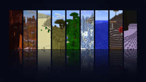 七個Minecraft生態域以垂直面板顯示，帶有深色倒影。 — 最佳我的世界 壁紙